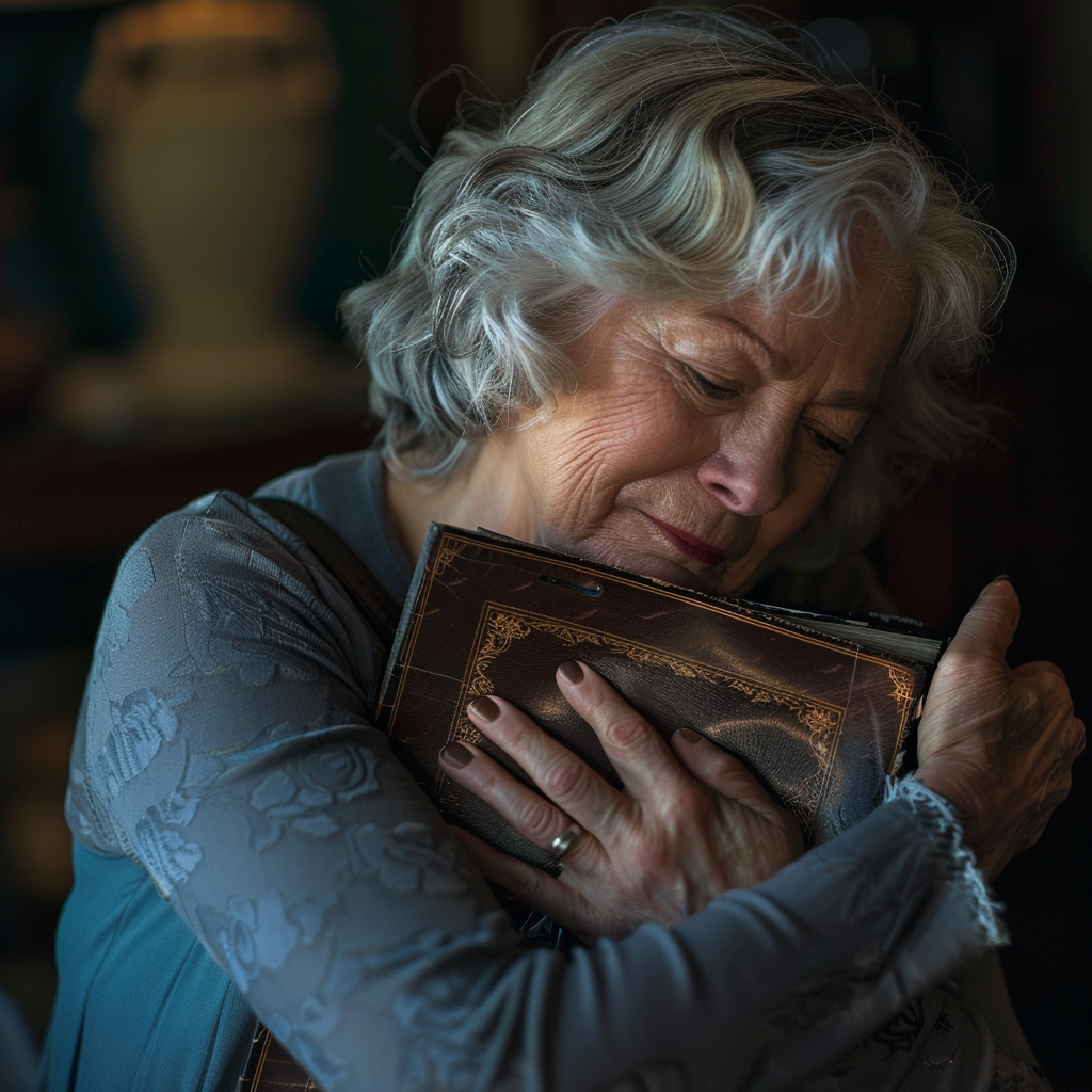 An older woman hugging an album | Source: Midjourney