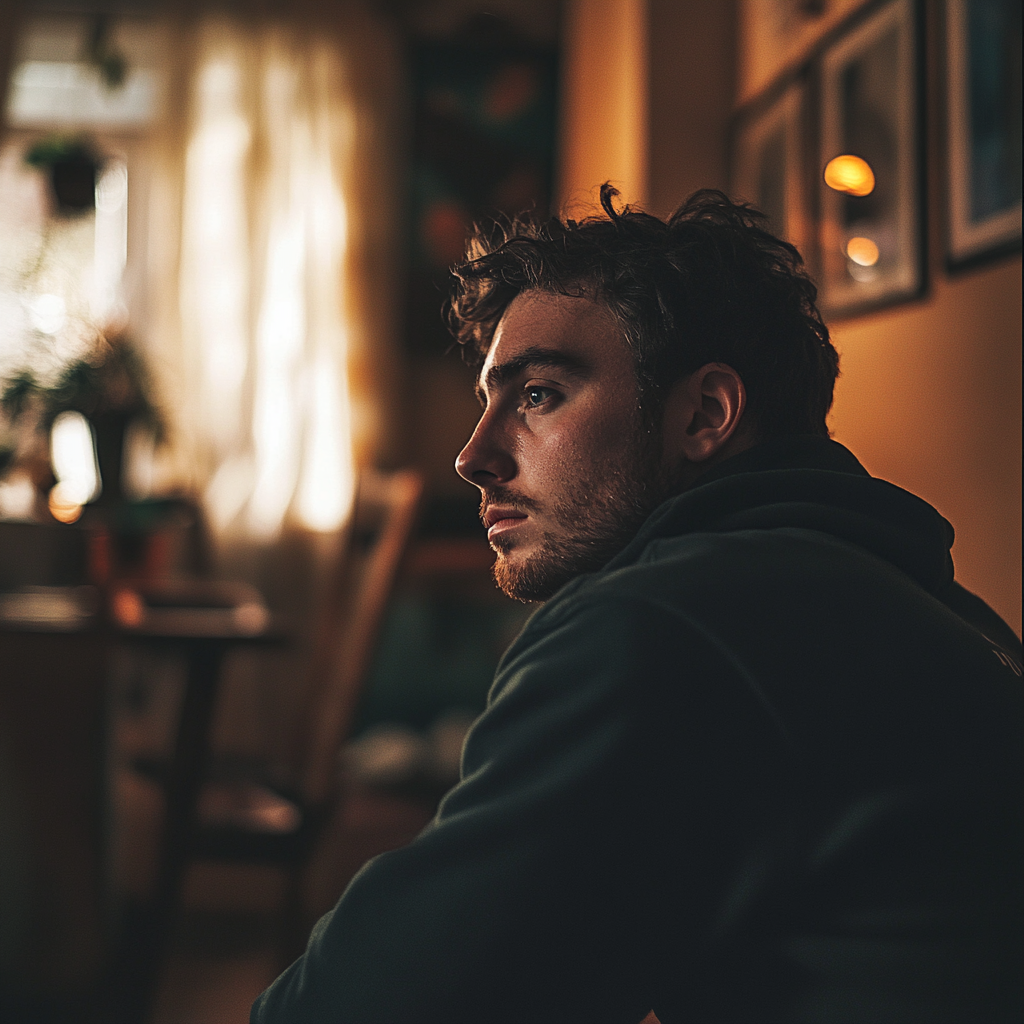 A thoughtful man sitting in his father's house | Source: Midjourney