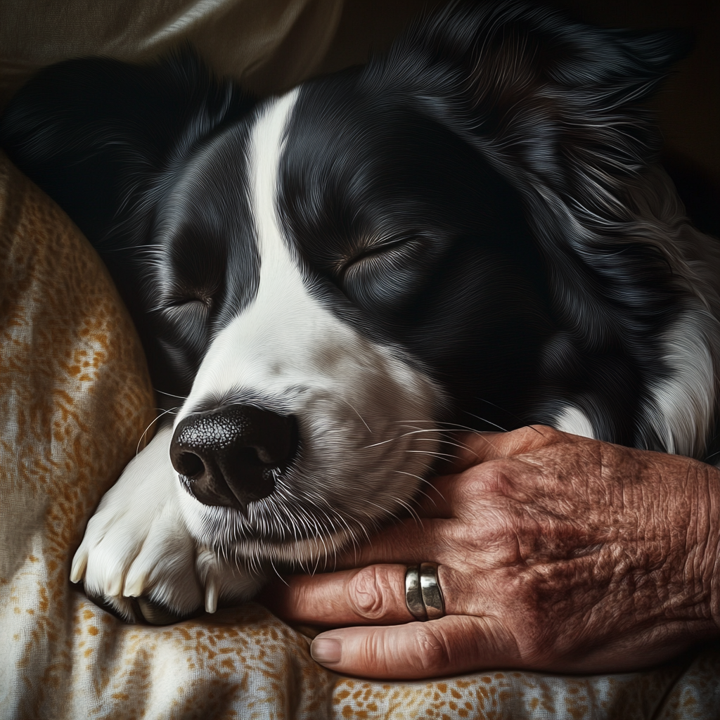 Un hombre mayor abraza a su amado perro para dormir | Fuente: Midjourney