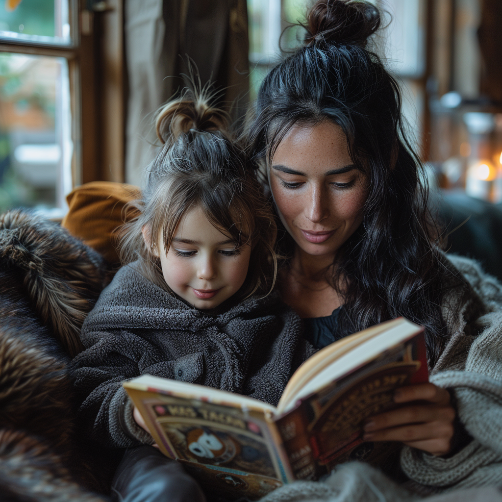 A woman and girl reading a book | Source: Midjourney