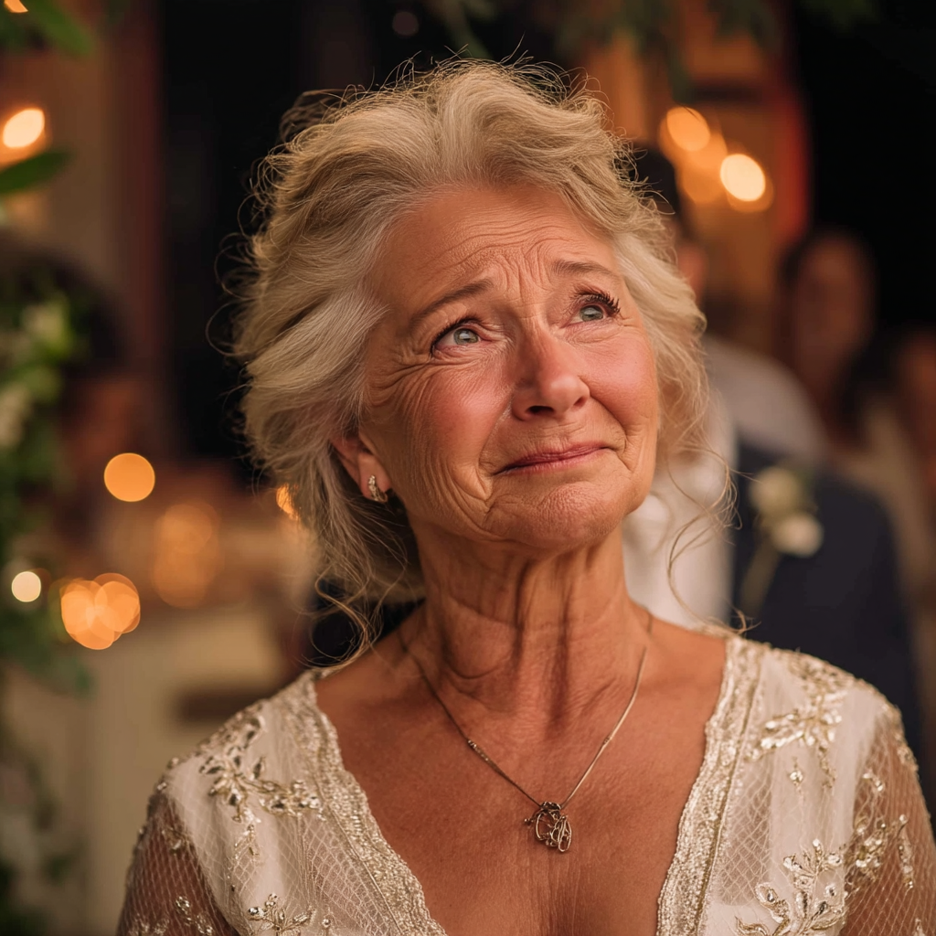Starsza kobieta wygląda na smutną i wzruszoną na weselu | Źródło: Midjourney