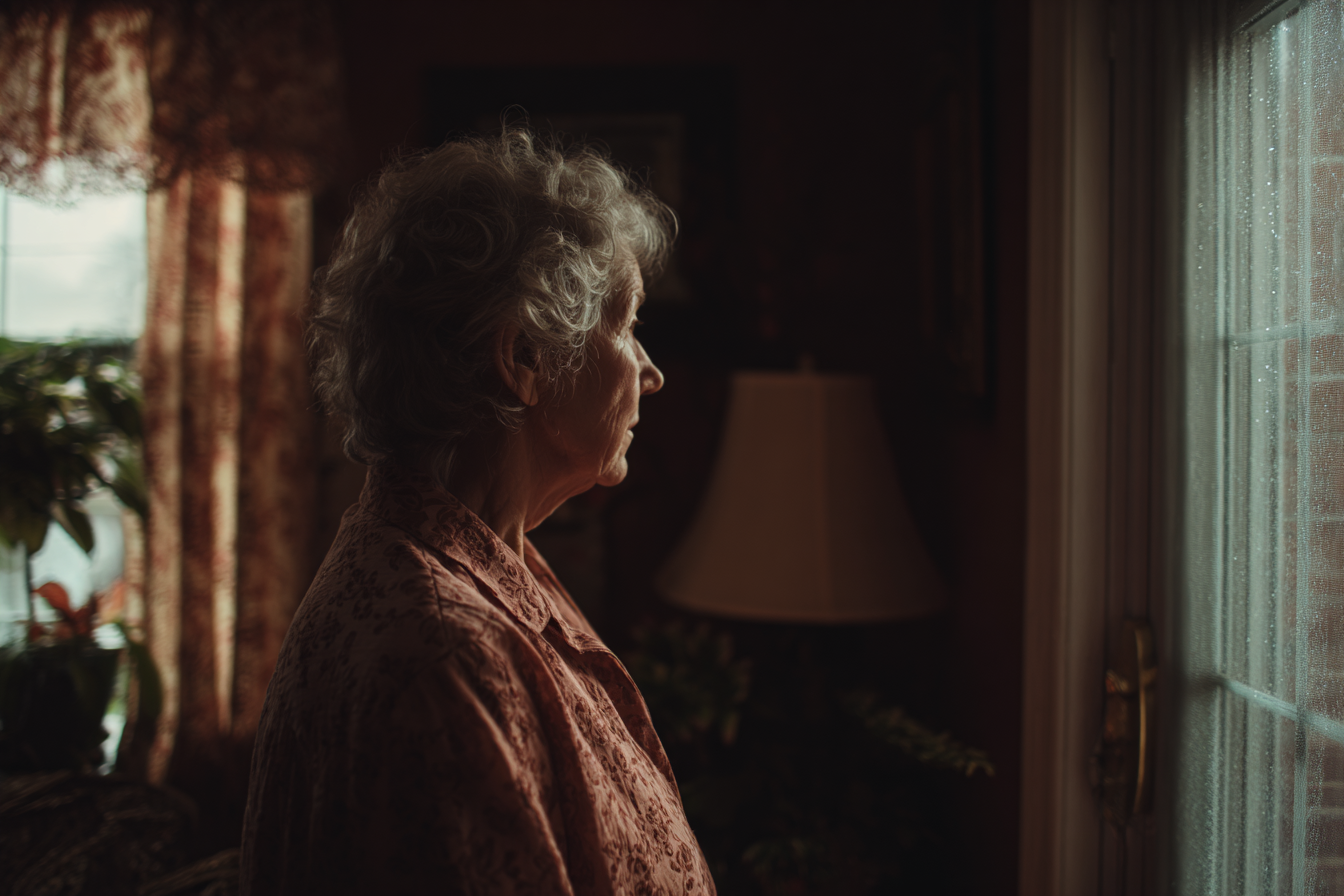 An older woman looking outside a window | Source: Midjourney