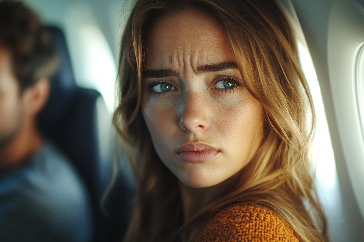 A frowning woman on a plane | Source: Midjourney