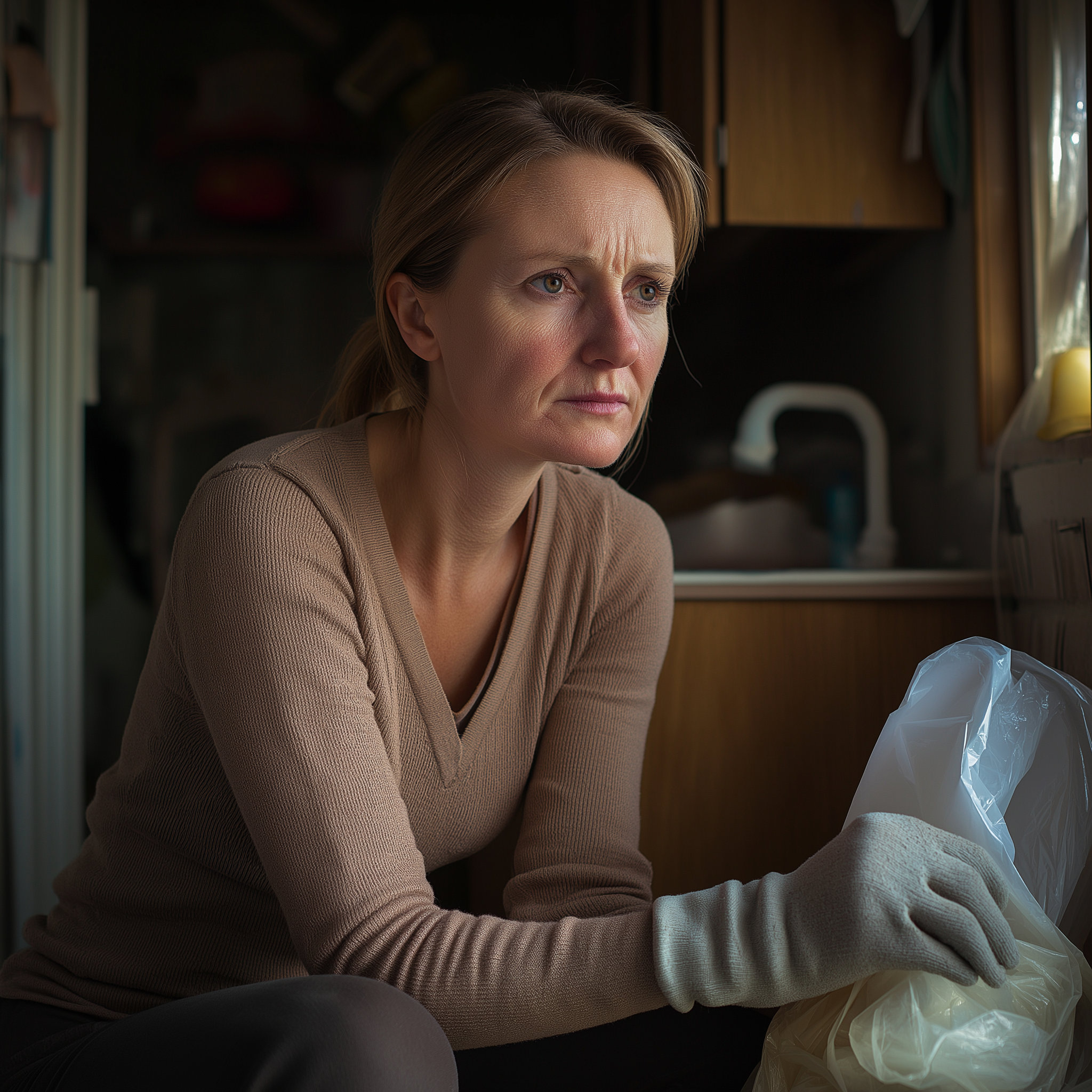 A woman looks sad and thoughtful while cleaning | Source: Midjourney