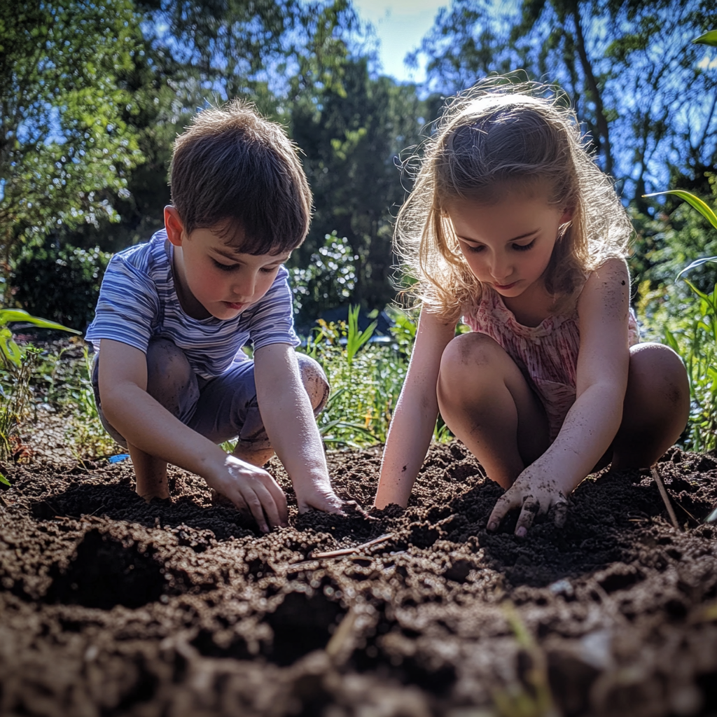 Boy and girl digging in the garden | Source: Midjourney