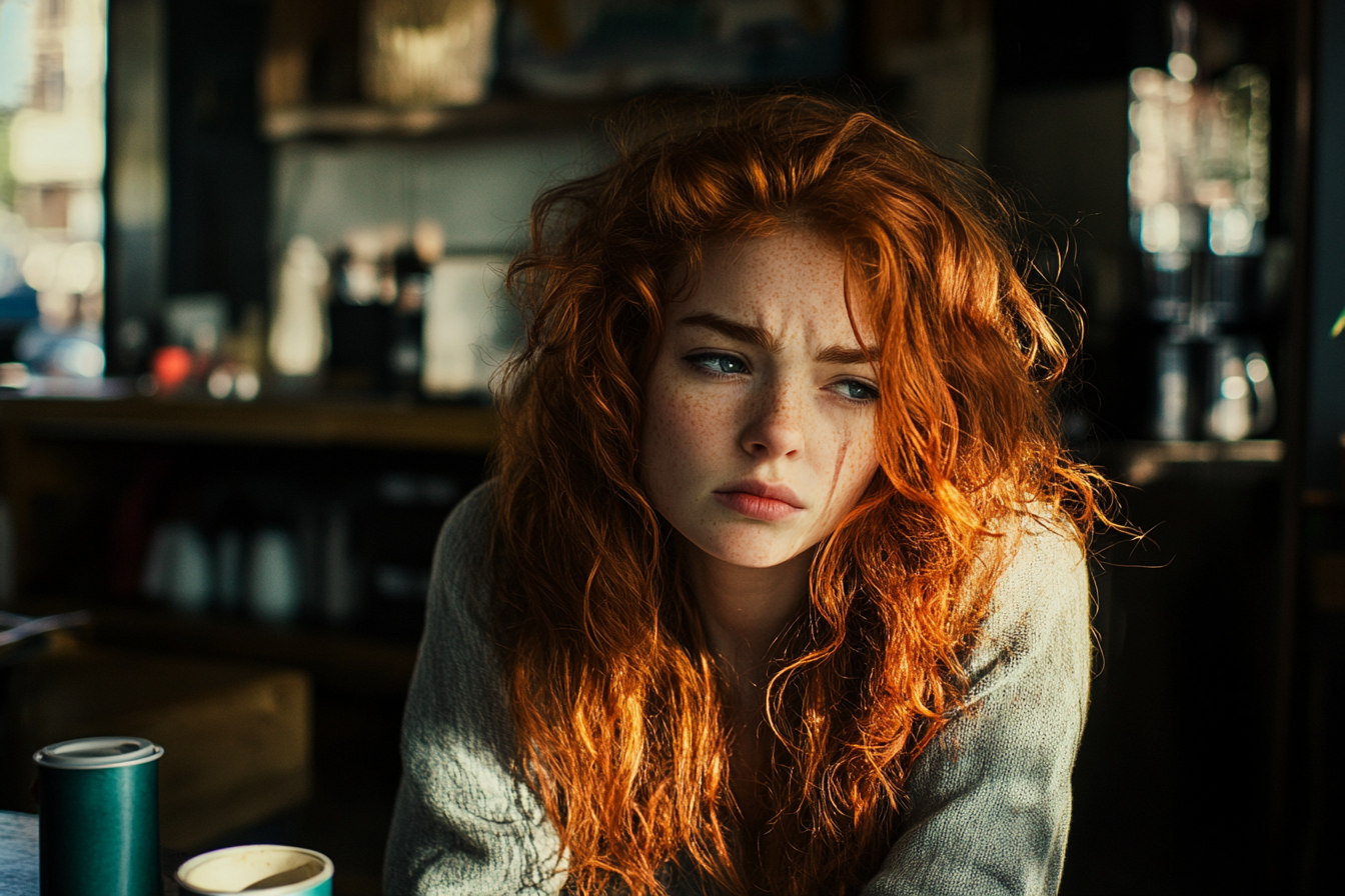 A red-haired woman sits unkempt, sad, and tearful in a coffee shop | Source: Midjourney