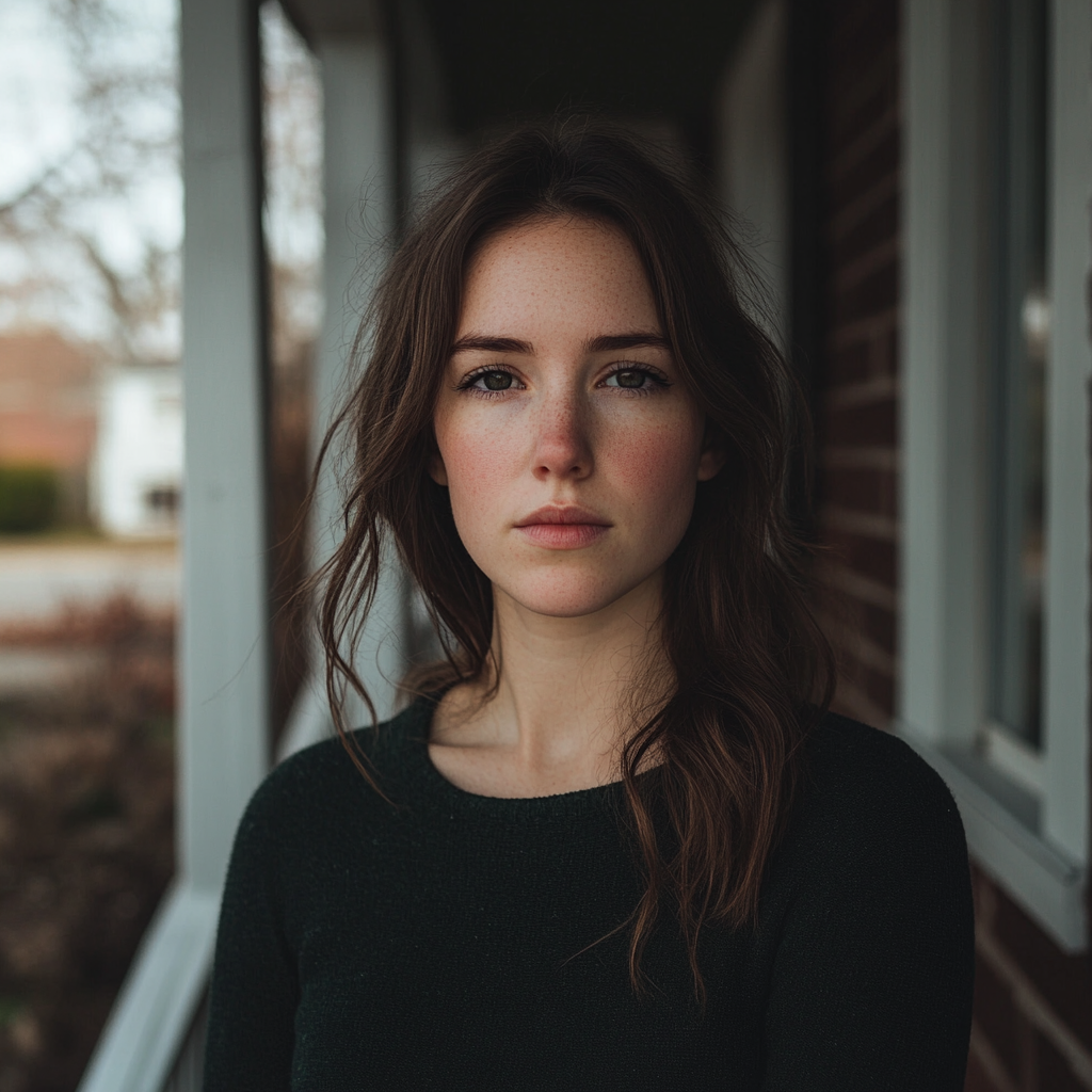 A serious and tired woman standing on a porch | Source: Midjourney