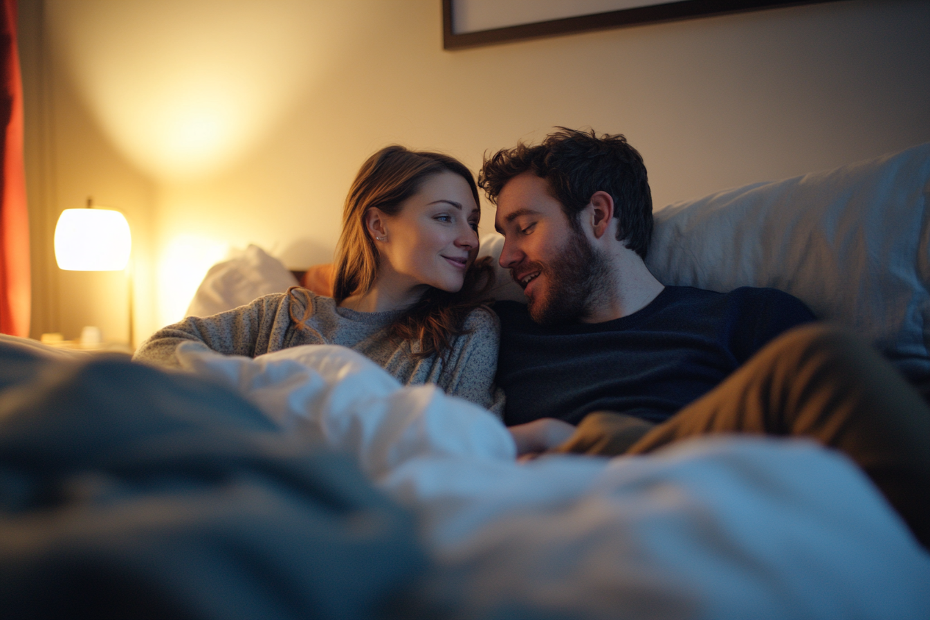 A married couple speaking in bed | Source: Midjourney