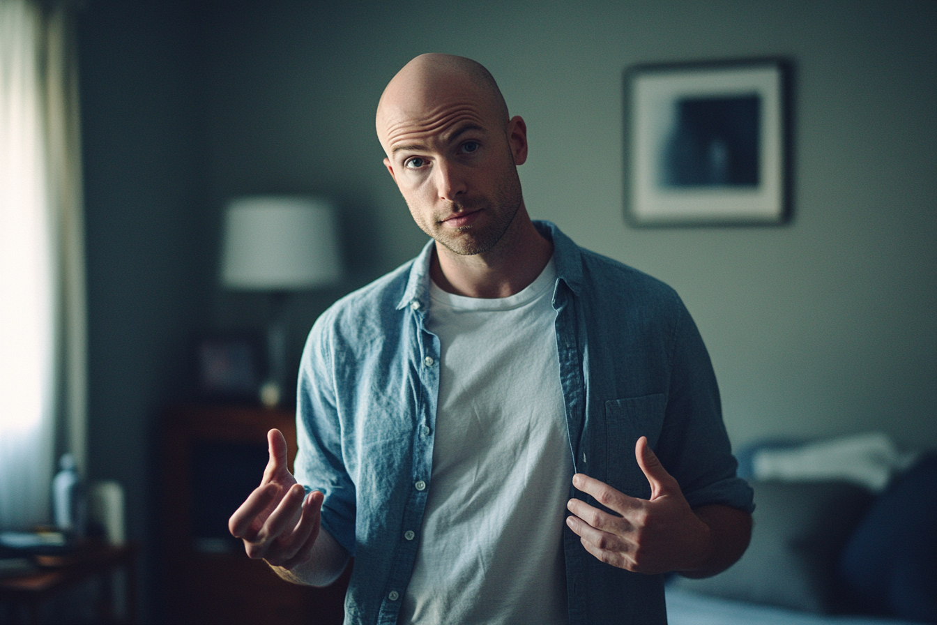 Un homme fait des gestes avec ses mains dans le salon | Source : Midjourney