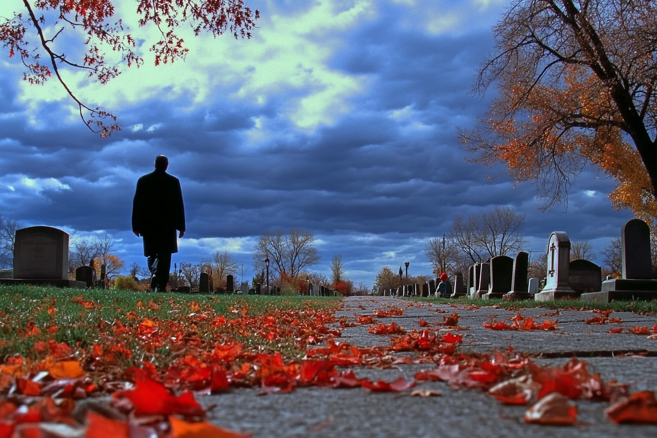 A man walking through a cemetery on a cloudy day | Source: Midjourney