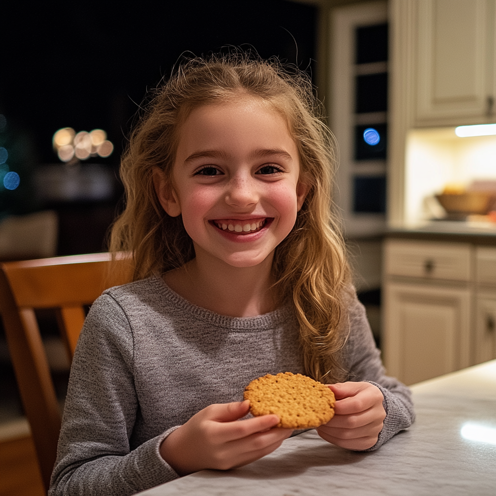 A happy girl with a cookie | Source: Midjourney