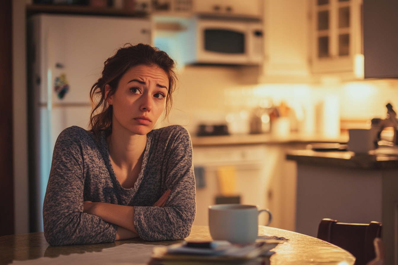 A tired woman sitting at a kitchen table | Source: Midjourney