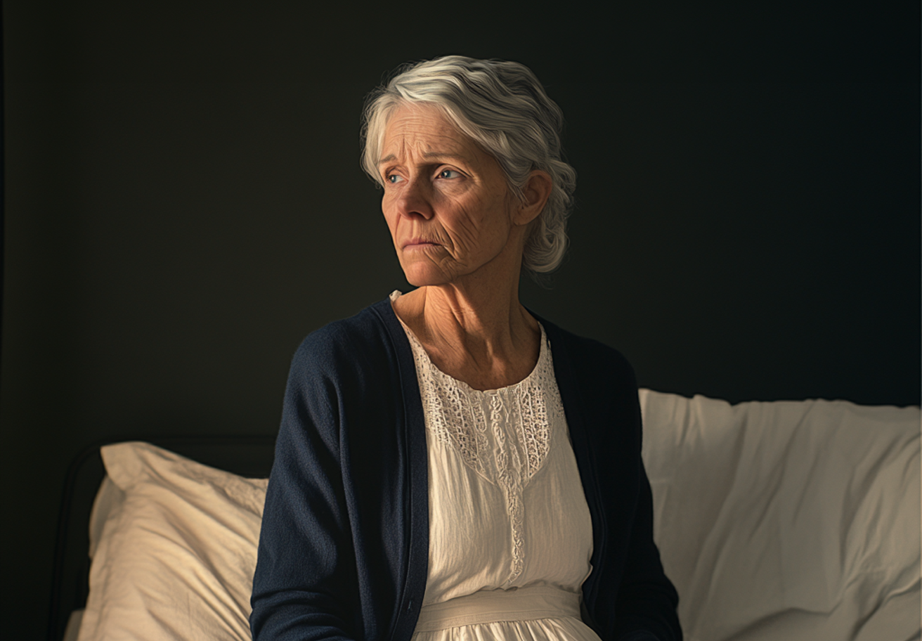An upset old woman sitting on a bed | Source: Midjourney