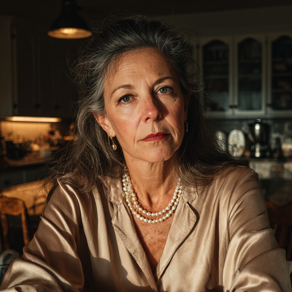 An older woman sitting at a table | Source: Midjourney