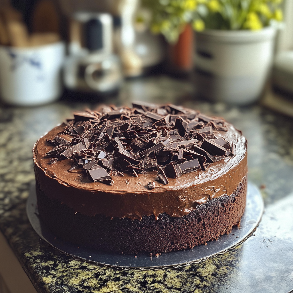 A chocolate cake on a counter | Source: Midjourney