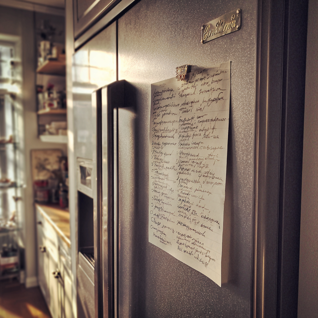A piece of paper taped to a fridge | Source: Midjourney