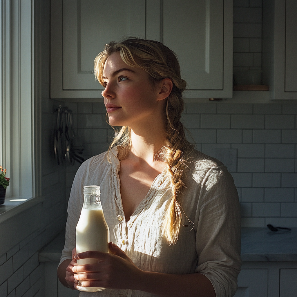 A woman holding a bottle of milk | Source: Midjourney