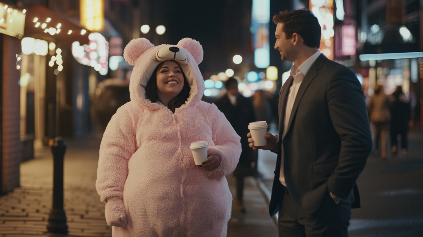 Woman in a pink bear mascot costume talking to a man | Source: Midjourney