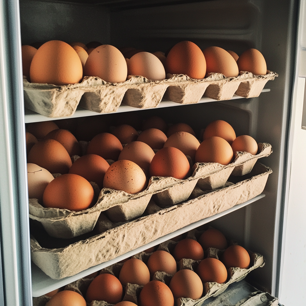 Cartons of eggs in a fridge | Source: Midjourney