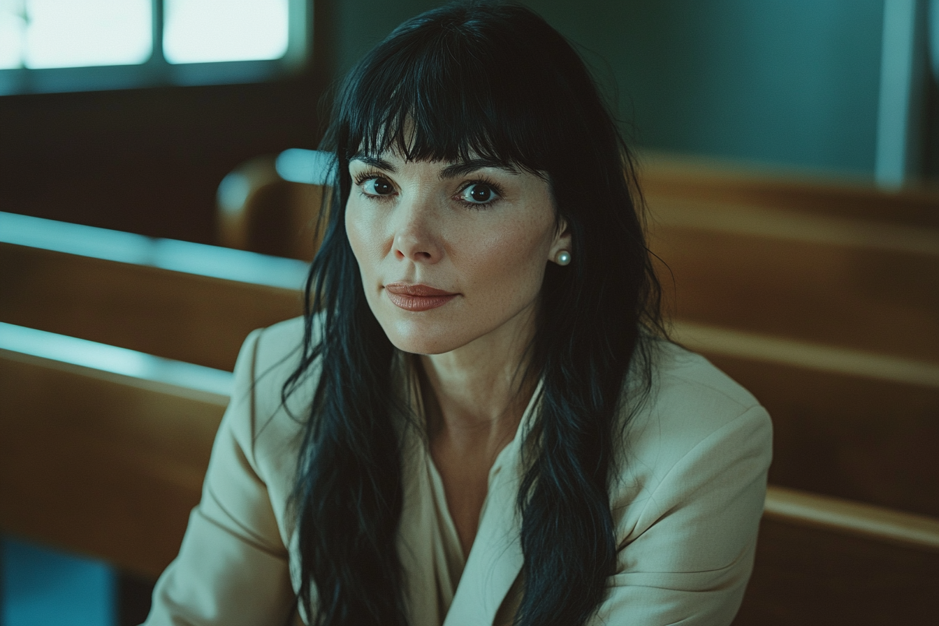 Woman in her late 30s smirking while sitting on a bench in a courtroom | Source: Midjourney