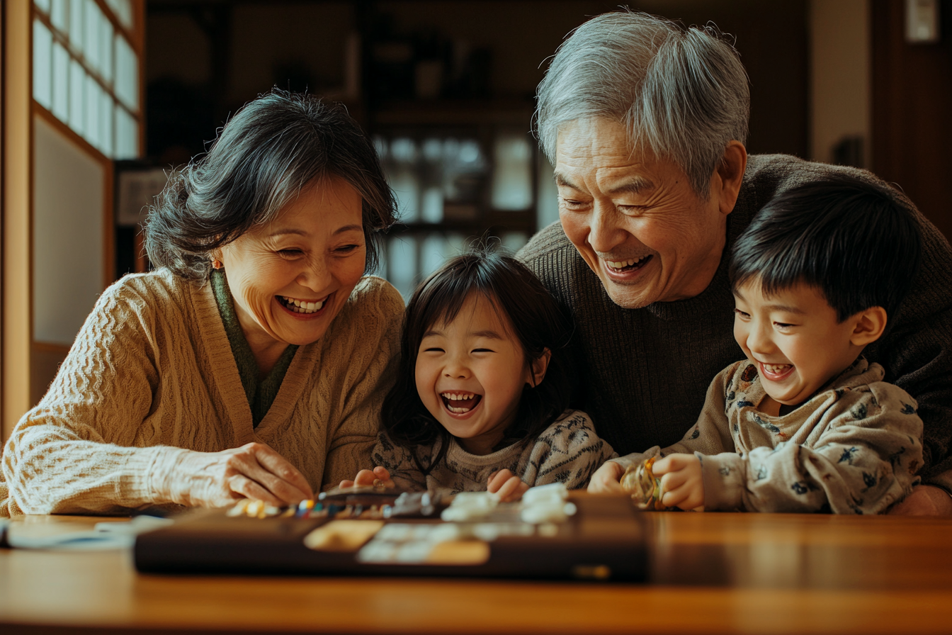 An elderly couple plays with their 4-year-old twin grandchildren | Source: Midjourney