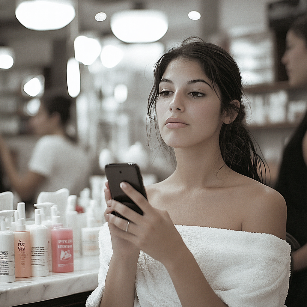 An upset woman looking at a phone | Source: Midjourney