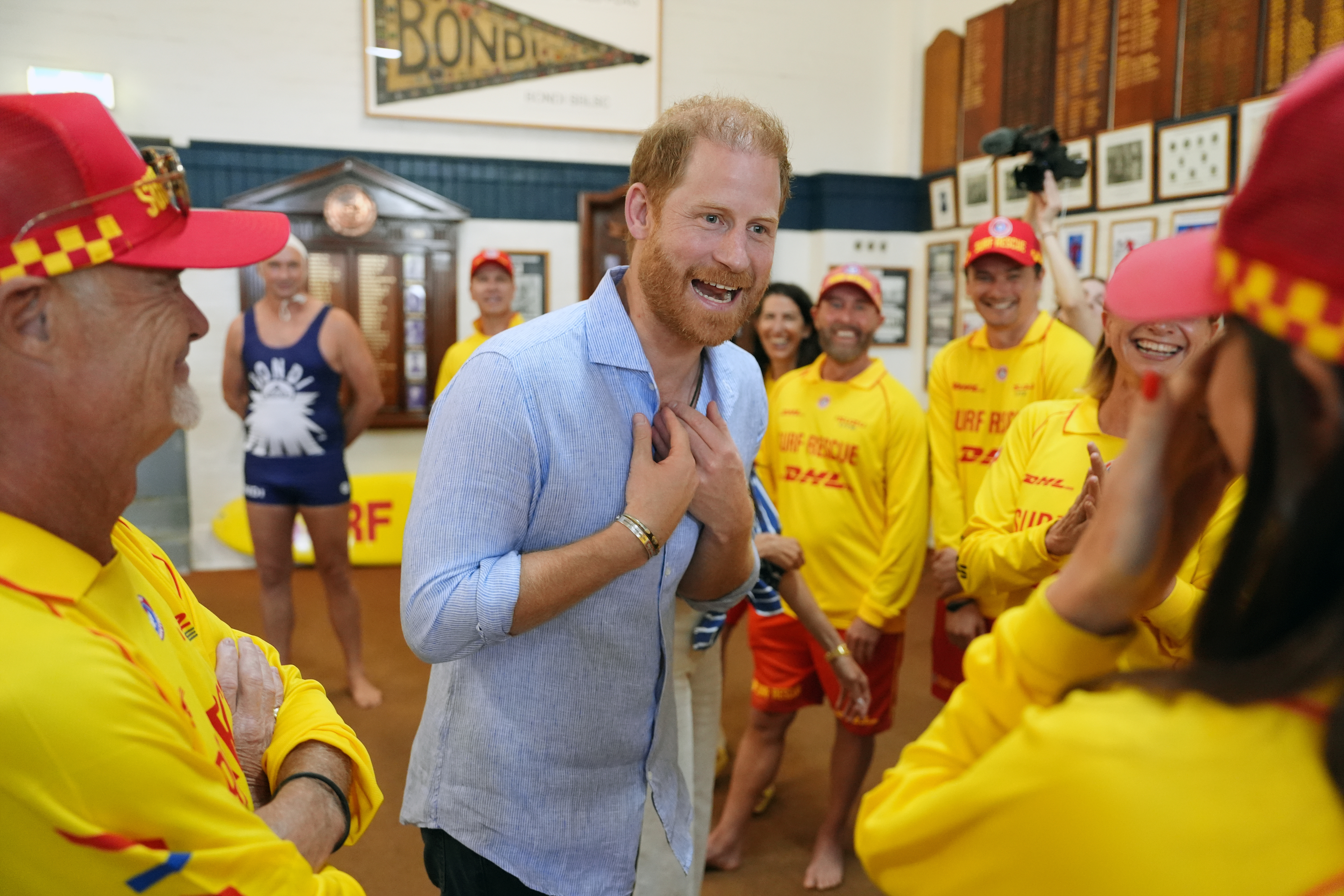 Prince Harry, Duke of Sussex meets volunteer first responders from Bondi Surf Bathers' Life Saving Club, during a visit to Bondi Beach, on day four of the royal trip to Australia on April 17, 2026 in Sydney, Australia. | Source: Getty Images