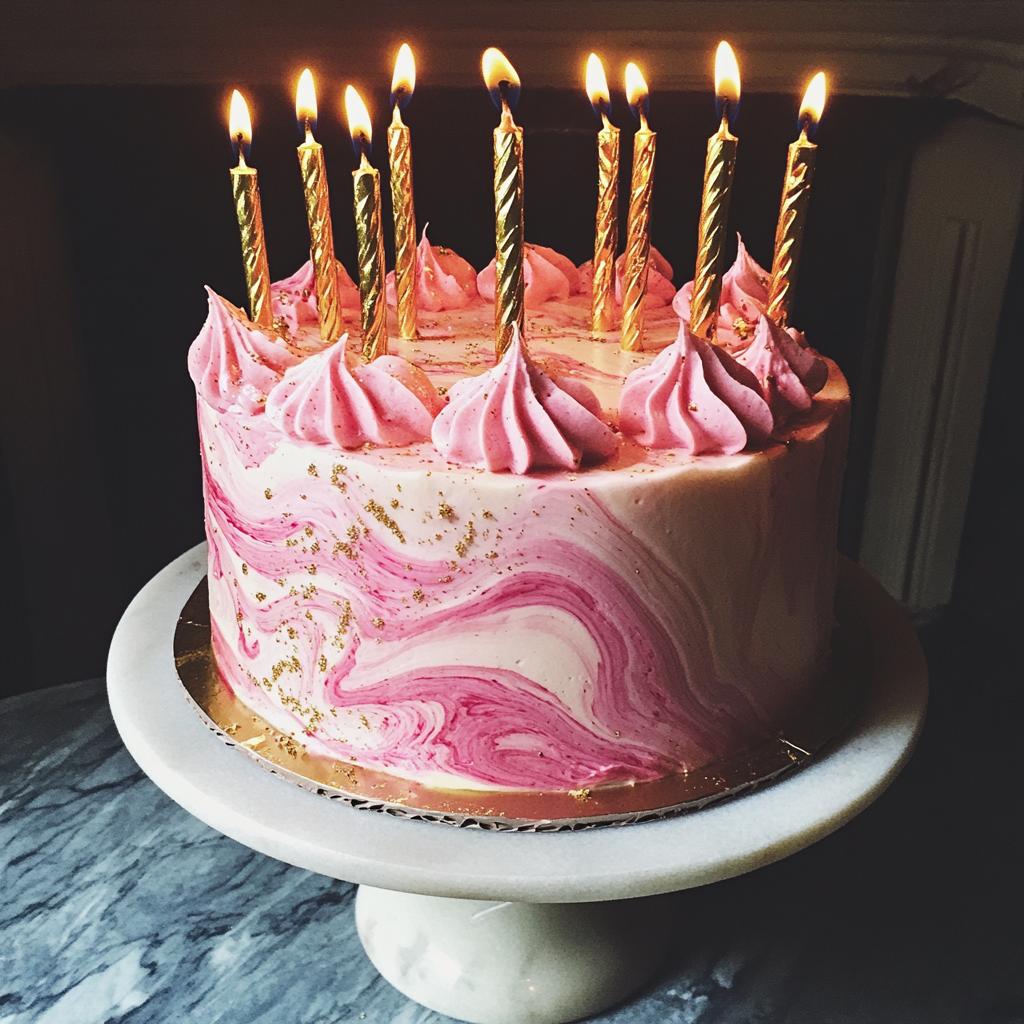 A pink birthday cake with gold candles | Source: Midjourney