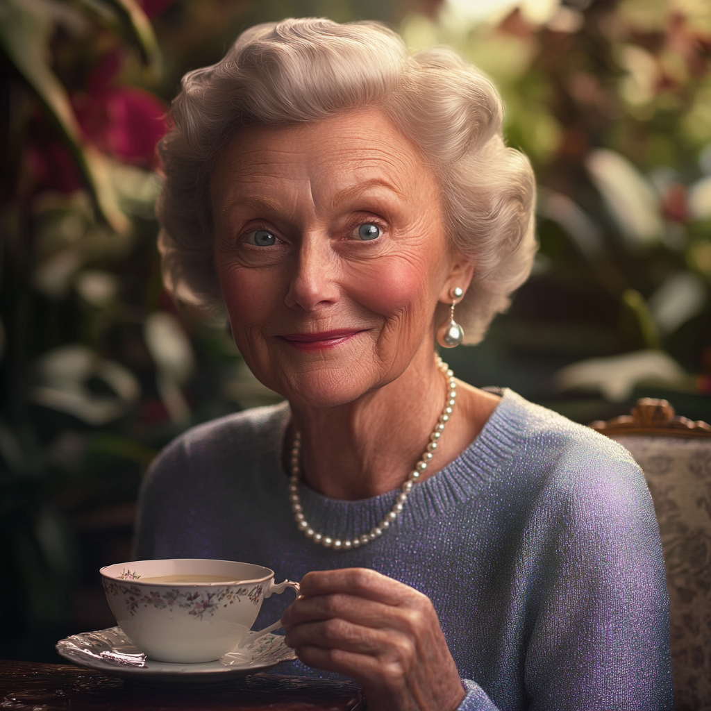 A smiling older woman holding a teacup | Source: Midjourney