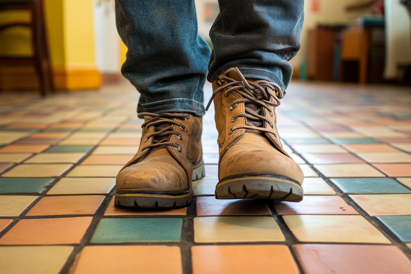 Close up of a man's boots on a tiled floor | Source: Midjourney