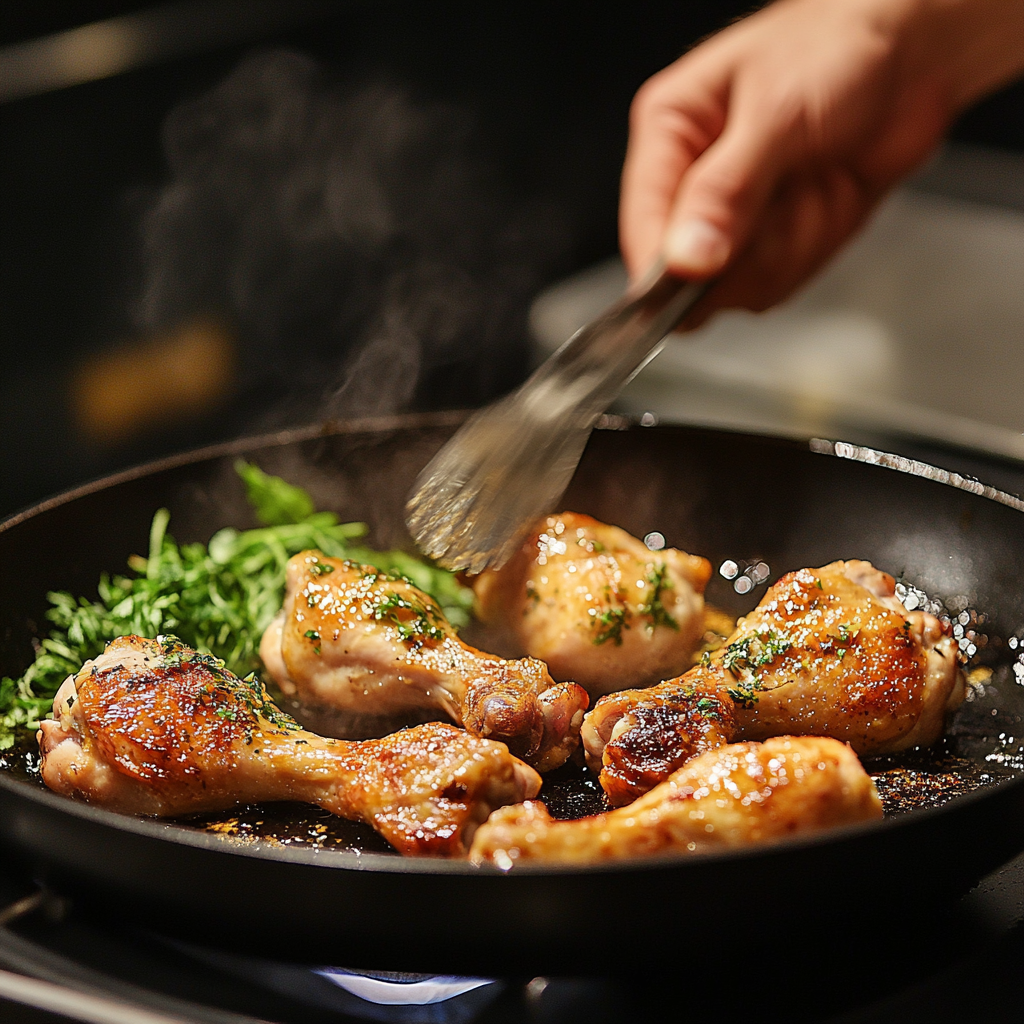 A man frying chicken drumsticks | Source: Midjourney