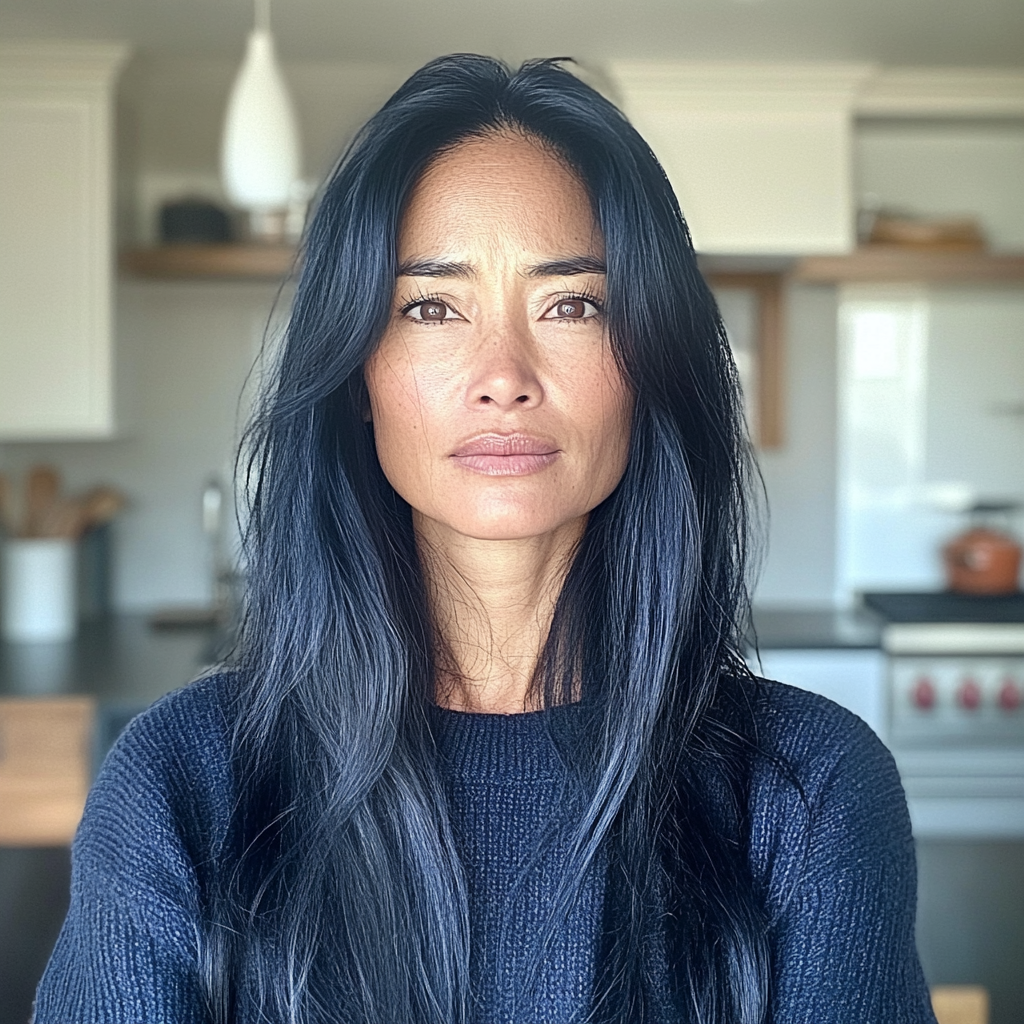 An upset woman standing in a kitchen | Source: Midjourney