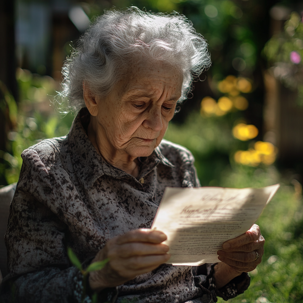 An elderly woman reading a letter | Source: Midjourney