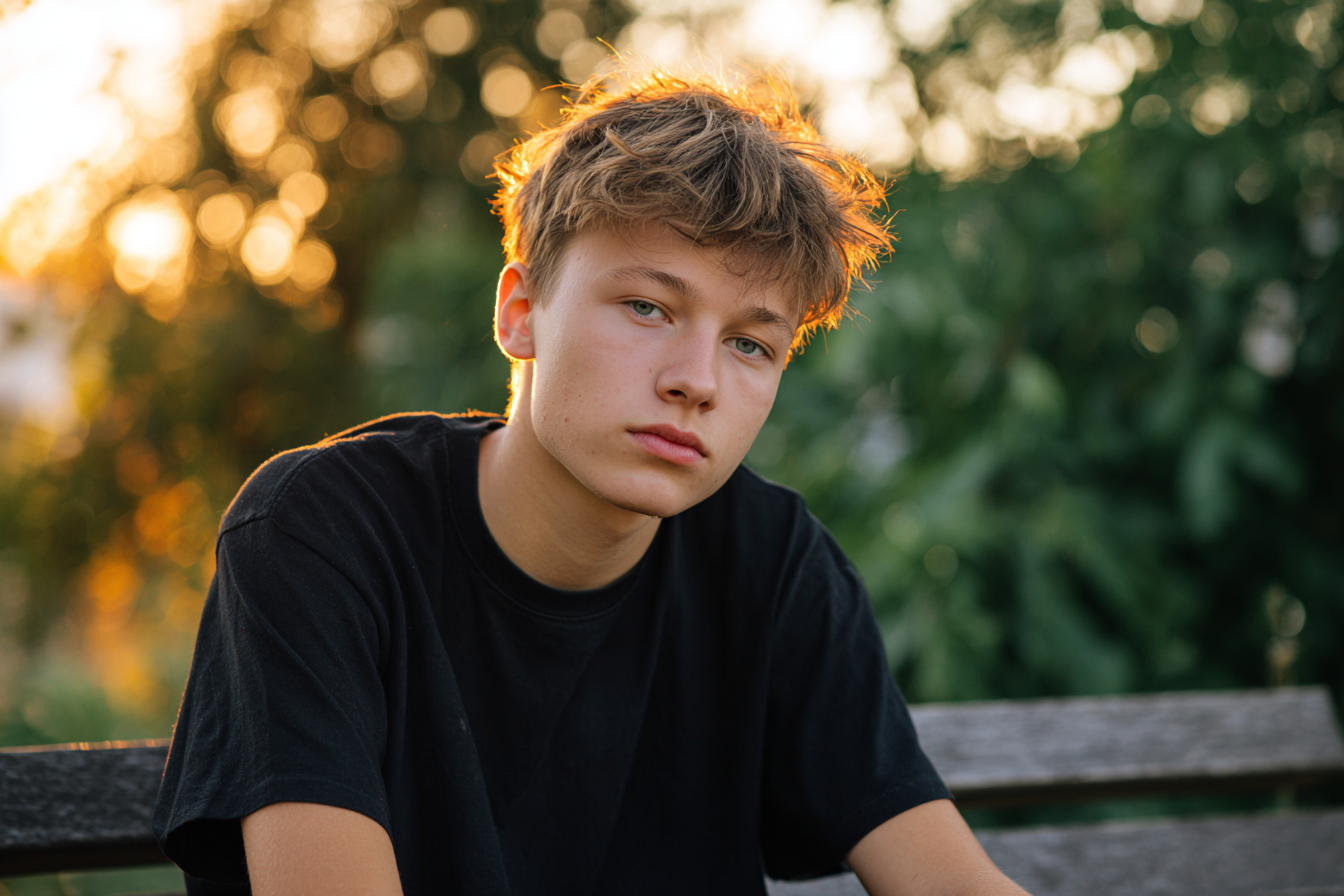 A teen boy sitting outdoors | Source: Midjourney