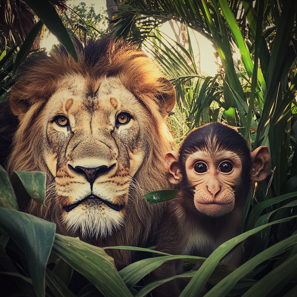 A lion and a monkey in a jungle | Source: Midjourney