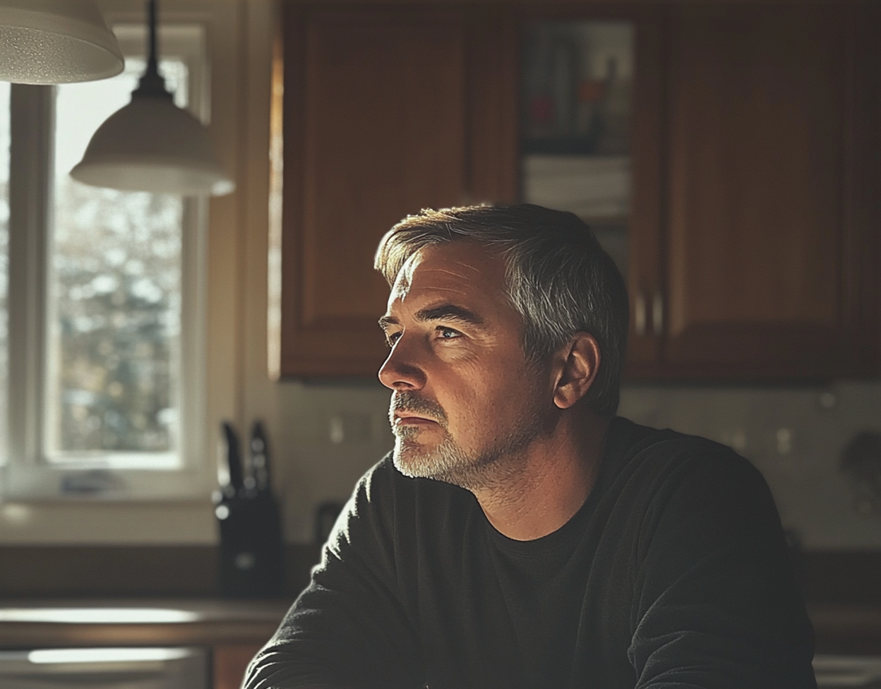 An older man sitting at a kitchen counter | Source: Midjourney