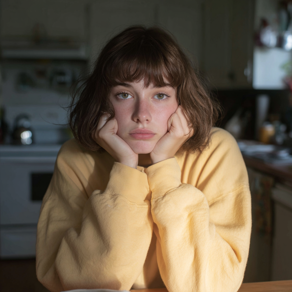 An upset girl sitting at a table | Source: Midjourney