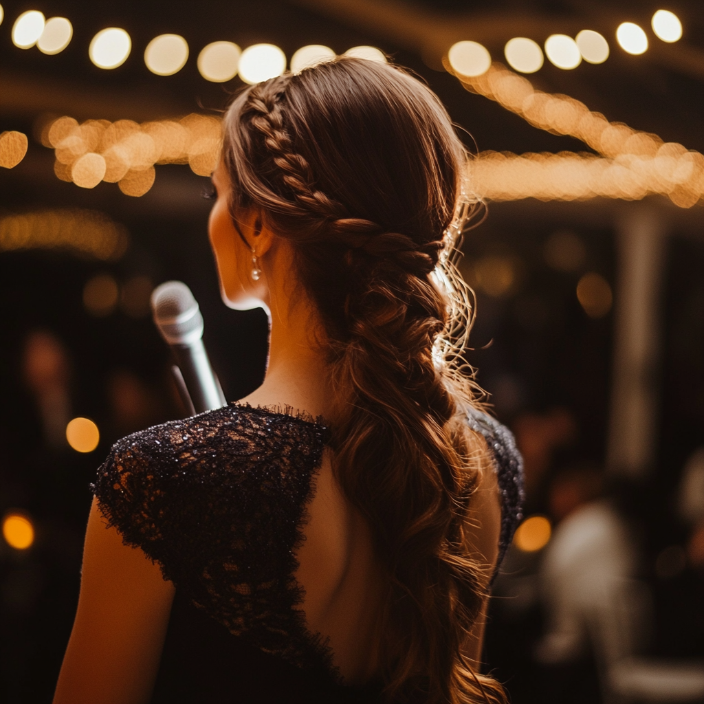 A woman standing at a microphone | Source: Midjourney