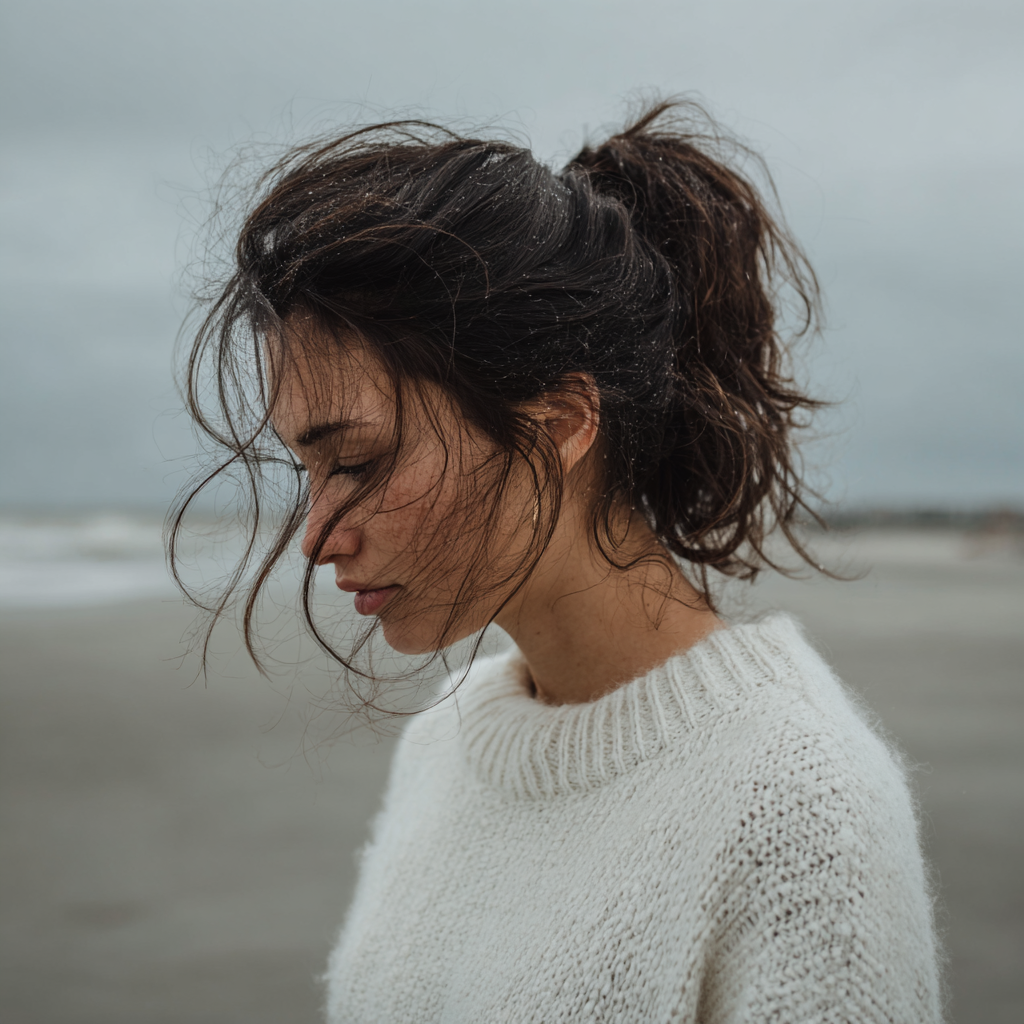 A woman walking on a beach in a white sweater | Source: Midjourney