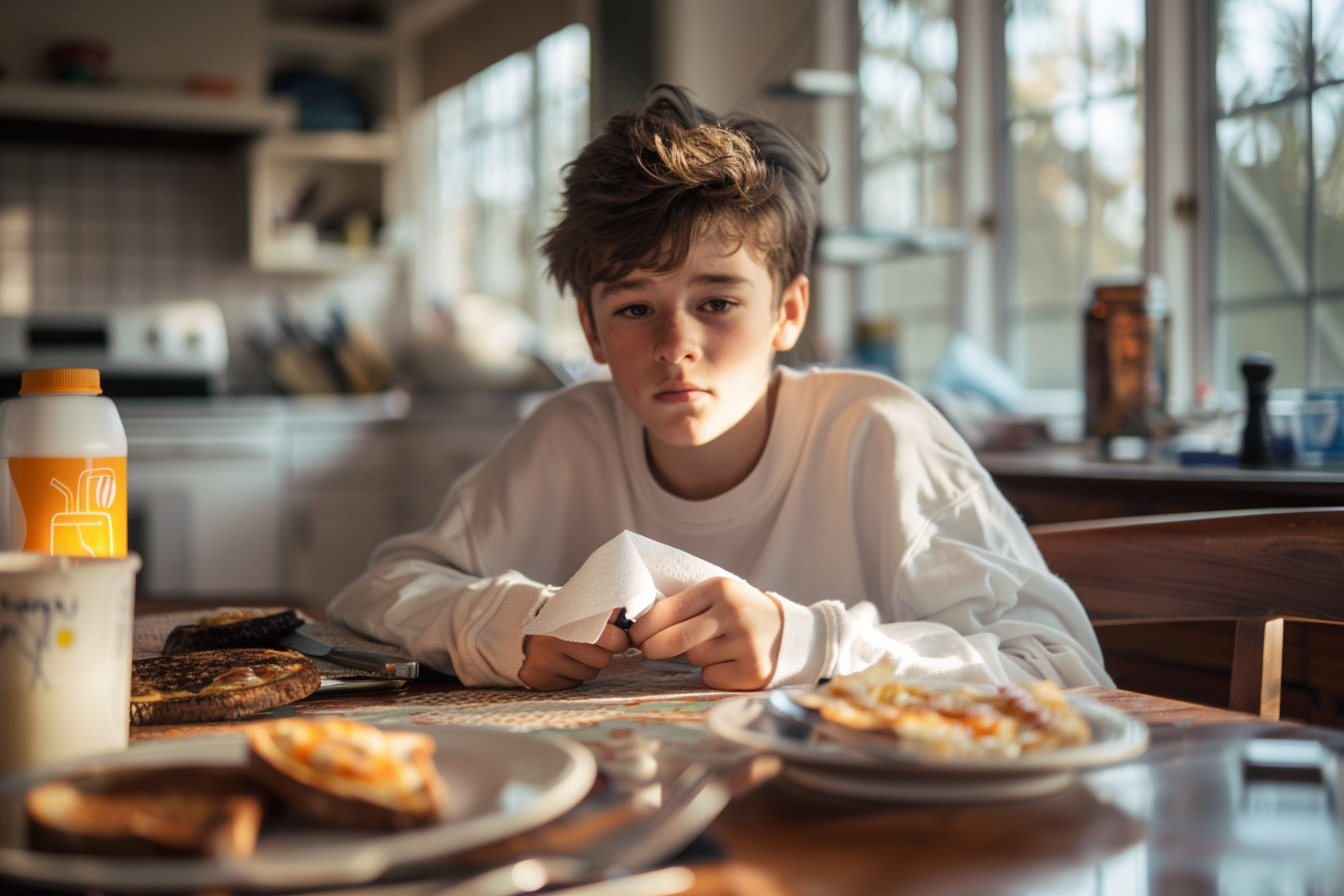 A boy eating breakfast | Source: Midjourney