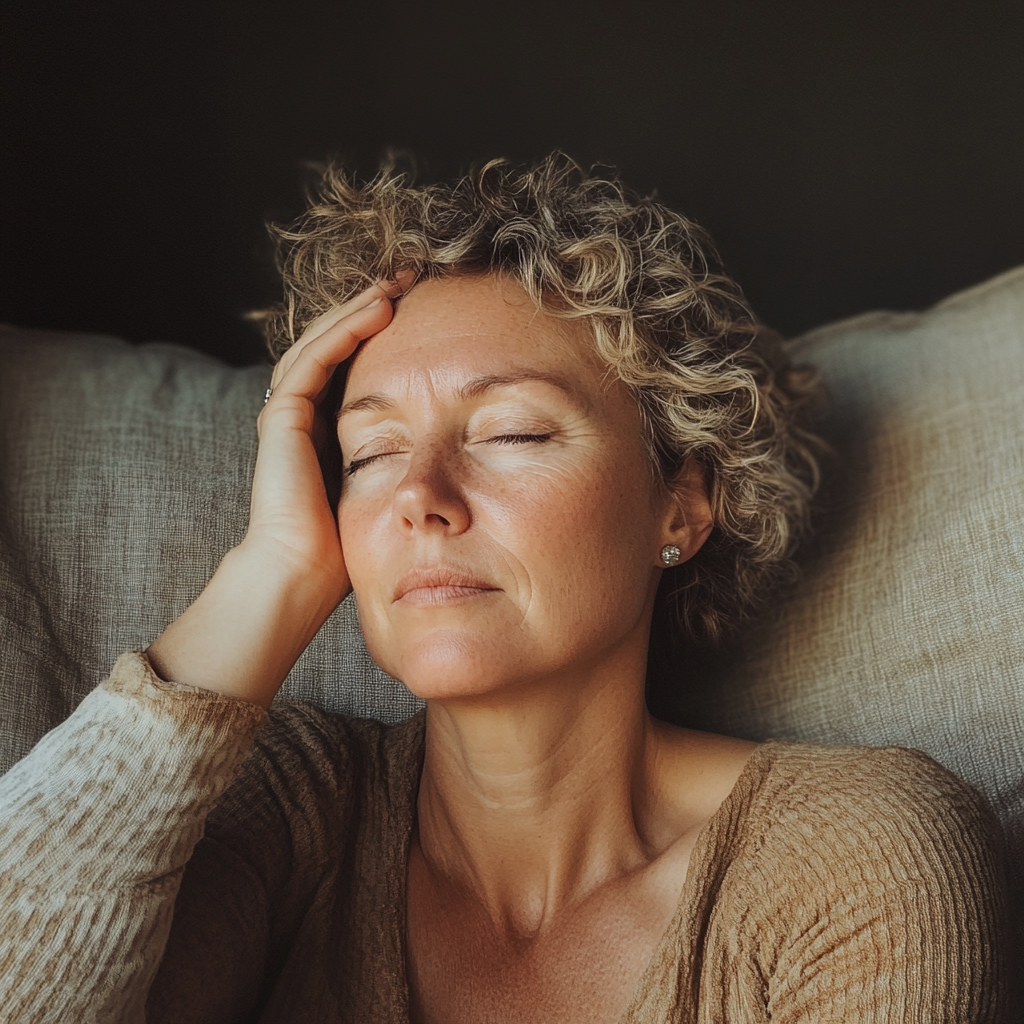 An upset woman sitting on a couch | Source: Midjourney