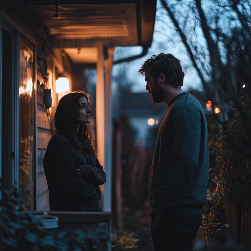 A couple talking on the porch | Source: Midjourney