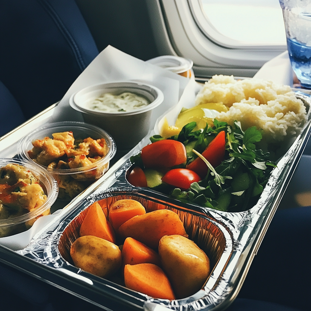 A tray of airplane food | Source: Midjourney