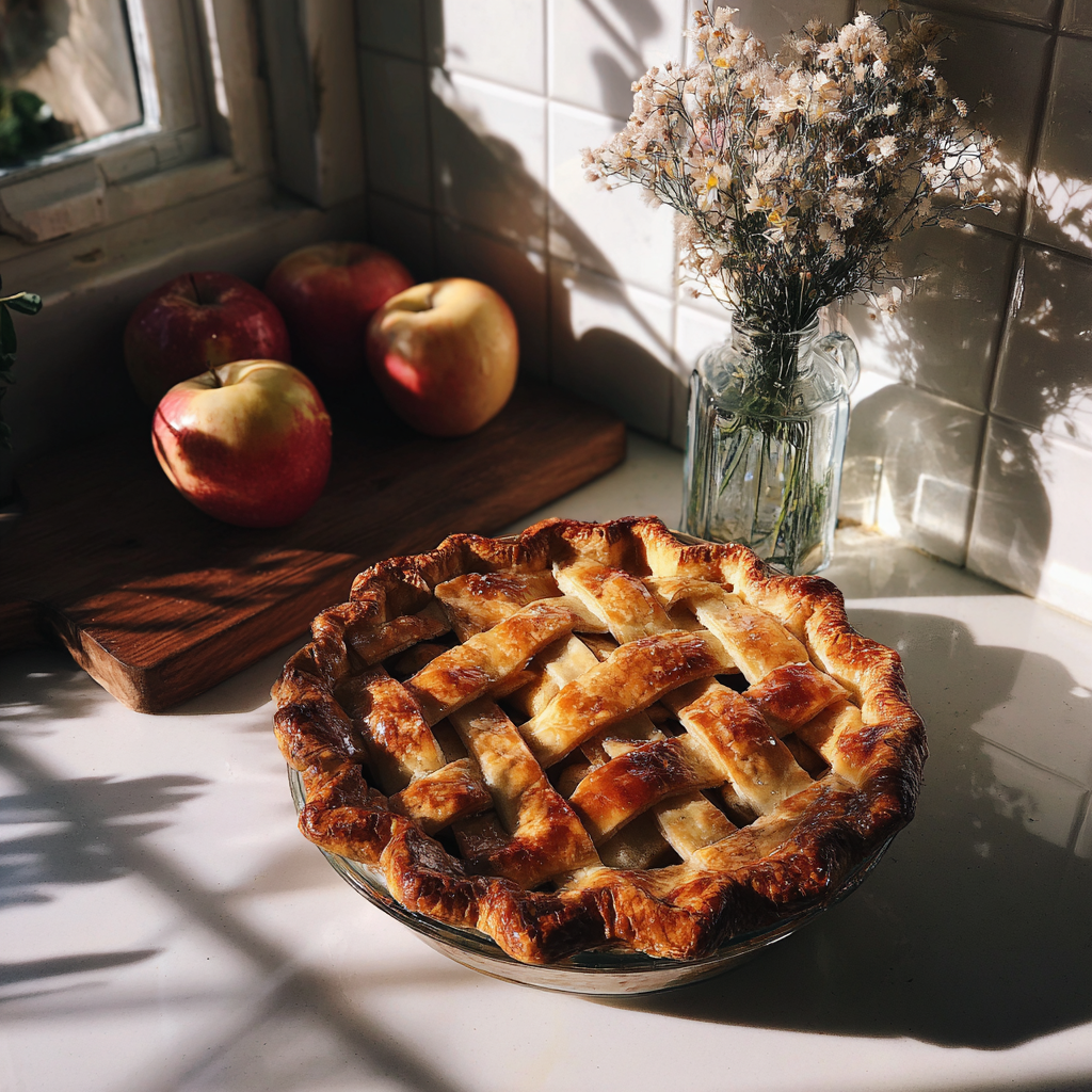 A homemade apple pie on a kitchen counter | Source: Midjourney
