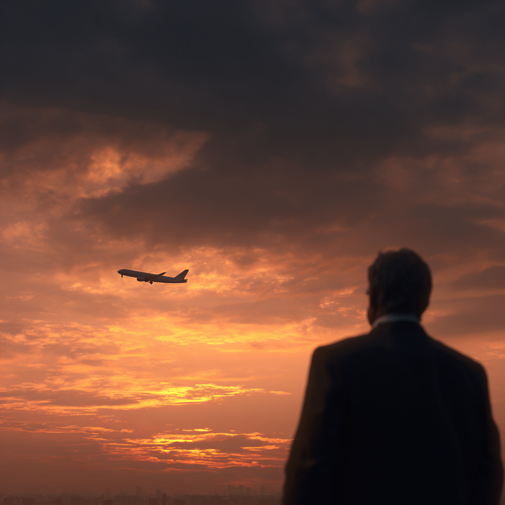 A man watching an airplane soar into the evening sky | Source: Midjourney