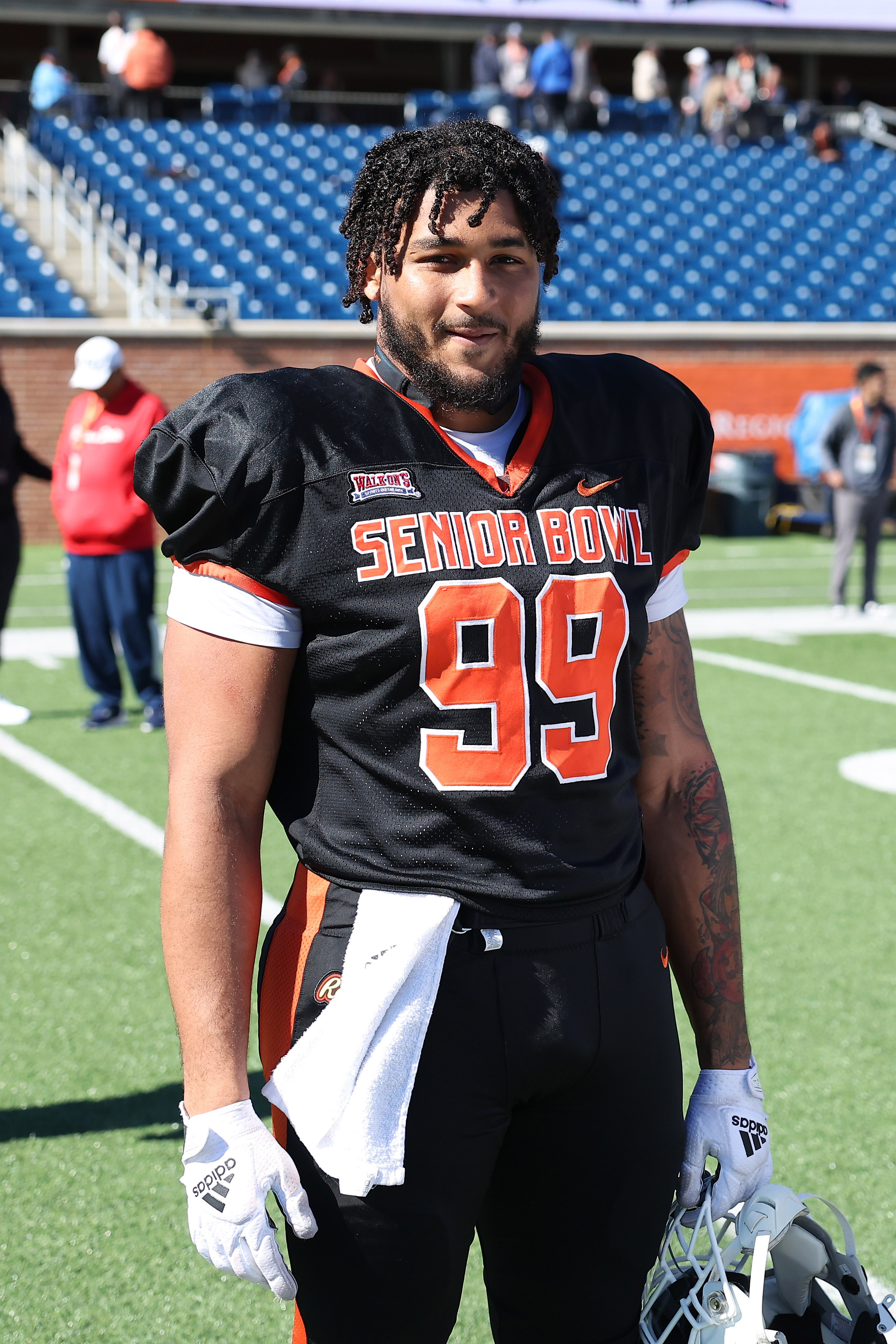 Marshawn Kneeland of Western Michigan (99) is pictured during the National team practice for the Reese's Senior Bowl at Hancock Whitney Stadium on January 31, 2024, in Mobile, Alabama. | Source: Getty Images