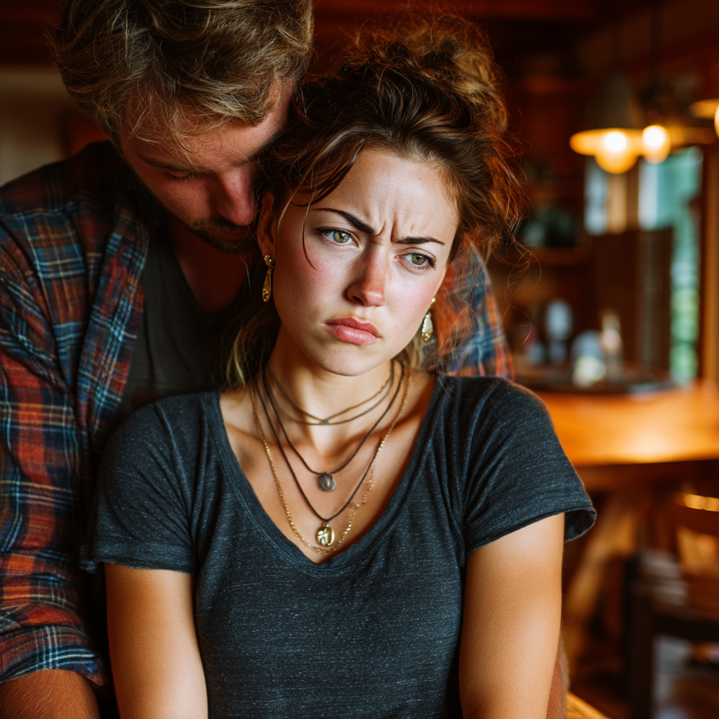 A miserable woman being comforted by her husband | Source: Midjourney