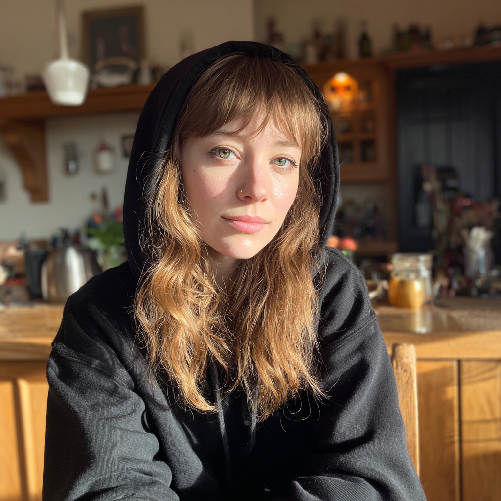 A woman wearing a black hoodie sitting at a kitchen counter | Source: Midjourney