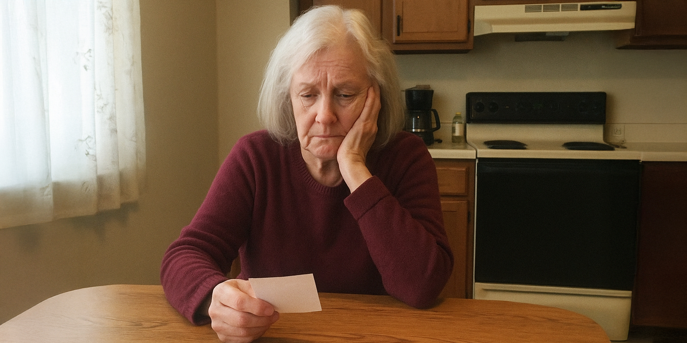 A sad older woman sitting alone, holding a note in silence | Source: The Celebritist