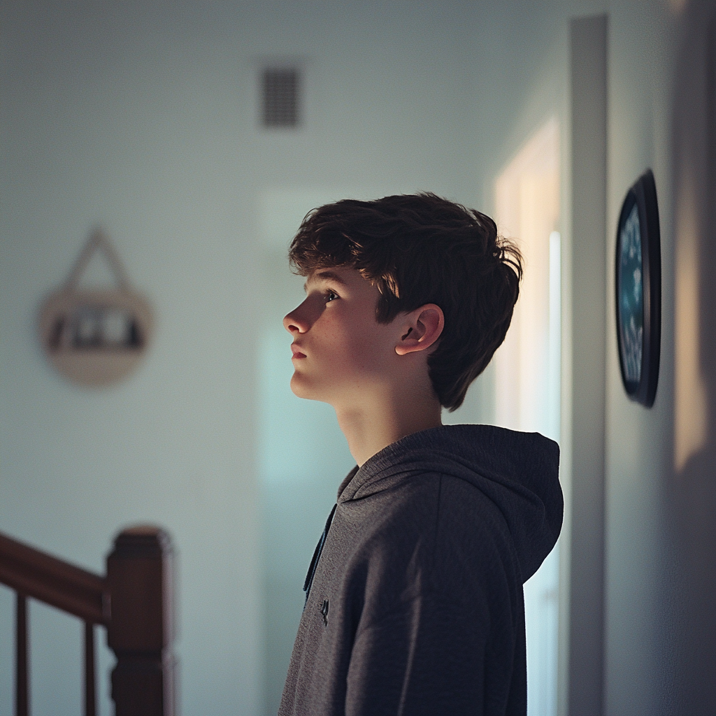 A teenage boy by the stairs | Source: Midjourney